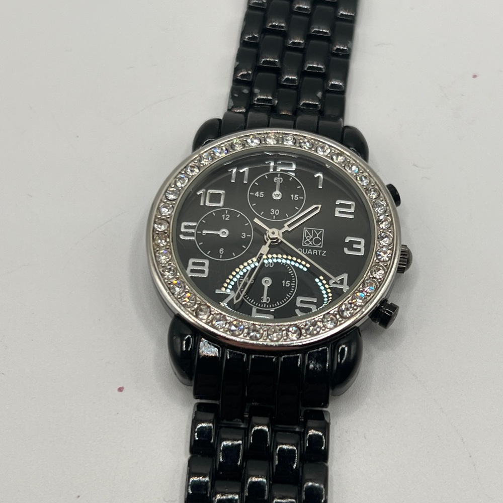 New York & CO Black Silver Tone Quartz Dial Black Watch Rhinestone - Untested